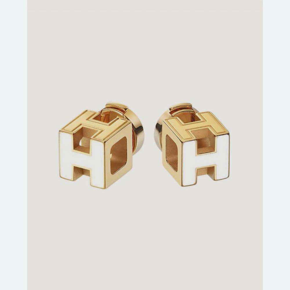 Hermes Gold and White Cube Earrings